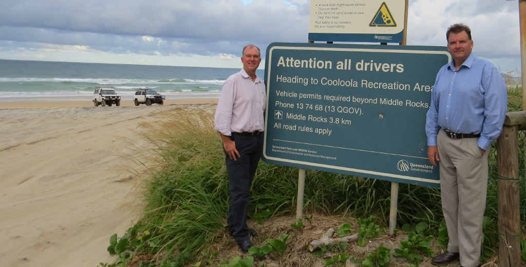 Gympie MP Tony Perrett and environment shadow minister Stephen Bennett warned of a possible end to the free beach driving access currently enjoyed by Rainbow Beach residents. Gympie MP Tony Perrett and environment shadow minister Stephen Bennett warned of a possible end to the free beach driving access currently enjoyed by Rainbow Beach residents.